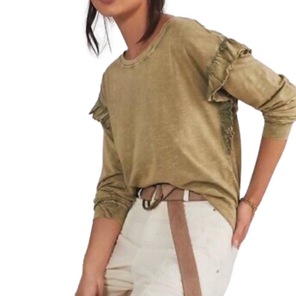 PILCRO Anthropologie Green Ruffled Open Back Long Sleeve Shirt - Picture 1 of 4